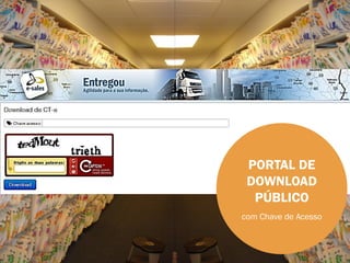 Download Público
Blacklist de empresas que emitiram
NF-e recusadas por desconhecimento
            da operação.
 Alertas para emissão de novas NF-e
 destes Emitentes contra a empresa.
Registro de Eventos das NF-e sobre as
 quais já foi realizada a manifestação
  final (Recusa, Desconhecimento da
      operação ou Confirmação de          PORTAL DE
             Recebimento);
                                          DOWNLOAD
Relatório de XML recebidos e de como
 foram disponibilizados (enviado pelo      PÚBLICO
   fornecedor ou obtido da SEFAZ).
                                         com Chave de Acesso
 