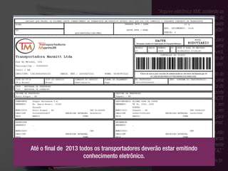 “Arquivo eletrônico XML contendo as
                                                            informações fiscais da prestação de
                                                          serviço, assinado digitalmente através
                                                                           do certificado digital.
                                                                 Transmitido pela Internet para
                                                            Secretaria da Fazenda que fará uma
                                                            pré-validação do CT-e e devolverá,
                                                               em tempo real, um protocolo de
                                                             recebimento e autorização de uso.
                                                               Para acompanhar a prestação de
                                                                     serviço será impressa uma
                                                                       representação gráfica do
                                                                  Conhecimento de Transporte
                                                                   Eletrônico, intitulado DACTE
                                                             (Documento Auxiliar do CT-e), em
                                                           papel comum. Conterá impressa, em
                                                              destaque, a chave de acesso para
                                                                  consulta do CT-e na Internet.
                                                       Os Postos Fiscais de Fronteira irão
                                                      validar, através do código de barras
                                                       do DACTE, se o CT-e foi realmente
Até o final de 2013   todos os transportadores deverão estar emitindo pela SEFAZ.”
                                                                   autorizado
                       conhecimento eletrônico.
                                                          Fonte : http://www.cte.fazenda.gov.br
 