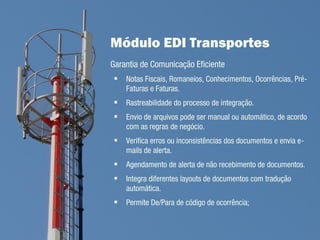Validação e Conformidade de Documentos
NOTFIS - Críticas de Notas Fiscais             CONEMB - Críticas de Conhecimentos
Críticas de Arquivo                            Críticas de Arquivo
   Arquivo vazio                                 Não conseguiu identificar o transportador
   Arquivo Incompatível com o layout (falta      Tipo de frete inválido (diferente de CIF ou
      registros obrigatórios)                        FOB)
   Não conseguiu identificar o embarcador        Substituição Tributaria invalida (diferente de
      (CNPJ invalido)                                1 ou 2)
   Erro ao gravar nota fiscal (dados             Não conseguiu identificar o embarcador
      informados incorretos)                      Erro ao gravar nota fiscal do conhecimento
   Arquivo com dados já importados (NF já        Conhecimento duplicado
      importada)                                  Arquivo incompatível com o layout
Críticas de Negocio                               Não conseguiu abrir o arquivo
  • CEP origem inválido                        Críticas de Negocio
  • CEP destino inválido                          CNPJ Responsável inválido
  • CEP origem e destino inválido                 CNPJ Transportador inválido
  • Rota não identificada                         Valor frete conhecimento inválido
  • Data embarque não identificada                Pendentes Notas fiscais
  • Dados do embarque inválidos                   Pendentes Ocorrências
                                                  Pendentes NF Erro
 