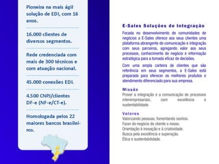 17 anos
de know-how em integração

    16 mil clientes         E-Sales Soluções de Integração
  de diversos segmentos     Focada     no   desenvolvimento    de
                            comunidades       e processos entre
                            empresas, a E-Sales oferece aos seus
        270 mil             clientes uma plataforma abrangente de
      conexões EDI          integração com parceiros de negócio,
                            agregando valor aos processos,
     300 técnicos           conhecimento do negócio e informação
      em todo Brasil        estratégica para a tomada eficaz de
                            decisões.
    4.500 clientes          Integrante do Grupo E-Sales a Oobj foi a
  de Documentos Fiscais     1ª empresa do País a fazer a
     Eletrônicos DF-e       Manifestação do Destinatário em
                            produção, através da SEFAZ-RS, onde
    Homologada pelos        participou do Projeto Piloto da MD-e,
  22 maiores bancos         junto com seu cliente Panarello.
 