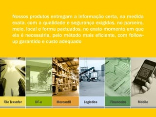 Nossos produtos entregam a informação certa, na medida
      exata, com a qualidade e segurança exigidas, no parceiro,
      meio, local e forma pactuados, no exato momento em que
      ela é necessária, pelo método mais eficiente, com follow-
      up garantido e custo adequado




File Transfer   DF-e     Mercantil   Logística   Financeiro   Serviços
 
