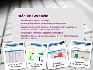 Módulo Gerencial
   Gerenciamento de prazos de entrega;
   Estatísticas comparativas de eficiência das transportadoras.
   Sugestão de alinhamento dos prazos de entrega com os transportadores,
    de acordo com o histórico de entregas de cada um.
   Indicadores de performance da operação do transporte.
   Possibilita integrar as ocorrências oriundas de NF-e, CT-e Manifestação do
    Destinátario – MDF-e
 