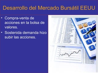 Desarrollo del Mercado Bursátil EEUU Compra-venta de acciones en la bolsa de valores. Sostenida demanda hizo subir las acciones. 