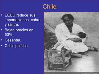 Chile EEUU reduce sus importaciones, cobre y salitre. Bajan precios en 50%. Cesantía. Crisis política. 