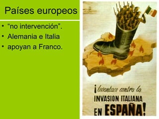 Países europeos “ no intervención”. Alemania e Italia  apoyan a Franco. 