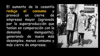 El aumento de la cesantía
redujo el consumo y
provocó un cierre de
empresas mayor (agravado
por la superproducción que
tenían en comparación con la
demanda menguante),
generando de nuevo más
desempleo, menos consumo y
más cierre de empresas.
 