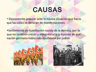 • Descontento popular ante la injusta situación que hacía
que las calles se llenaran de manifestaciones.
•Sentimiento de humillación nacida de la derrota, por lo
que no tardó en crecer y alimentarse a la leyenda de que
nación germana había sido apuñalada por judíos
CAUSAS
 
