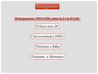 Entreguerres: 1919-1939, entre la I i la II GM
Entreguerres
Nazisme a Alemanya
Feliços anys 20
Crisi econòmica 1930’s
Feixisme a Itàlia
 