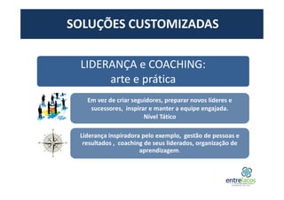 LIDERANÇA e COACHING:
arte e prática
Em vez de criar seguidores, preparar novos líderes e
sucessores, inspirar e manter a equipe engajada.
Nível Tático
Liderança inspiradora pelo exemplo, gestão de pessoas e
resultados , coaching de seus liderados, organização de
aprendizagem.
SOLUÇÕES CUSTOMIZADAS
 