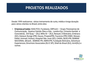 PROJETOS REALIZADOS
Desde 1999 realizamos vários treinamento de curta, média e longa duração
para vários clientes no Brasil, entre eles:
• Empresa privadas: ISAE/FGV, Furukawa, GRPcom – Grupo Paranaense de
Comunicação, Queiroz Galvão Óleo e Gás, Landis+Gyr, Cimento Itambé e
Concrebrás, Dril-Quip – (RJ), Mills-SI – (RJ), Renault, O Boticário, Embraco
(SC), Datasul, Bunge (PR), Gauss, Propex(PR), Faurecia (PR) HSBC, Nissan,
Editel, Unimed, Vinilsul, Hospital São Jose (SC), CAIXA, SESC/PR, SEBRAE
NACIONAL (Brasil) , SEBRAE PR, ABRH/PR, Fundação Boticário, Adventure
Experiences, Dinsmore Associates (RJ E SP), Shell do Brasil (RJ), Amil(RJ) e
outras.
 