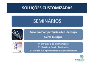 SOLUÇÕES CUSTOMIZADAS
SEMINÁRIOS
Foco em Competências de Liderança
Curta duração
1º Entrevista de alinhamento
2º. Realização do Seminário
3º. Síntese de Aprendizado e Aplicabilidade
 