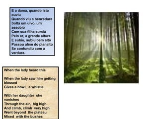 E a dama, quando isto
ouviu
Quando viu a benzedura
Solta um uivo, um
assobio
Com sua filha sumiu
Pelo ar, a grande altura.
E subiu, subiu bem alto
Passou além do planalto
Se confundiu com a
verdura.
When the lady heard this
When the lady saw him getting
blessed
Gives a howl, a whistle
With her daughter she
vanishes
Through the air, big high
And climb, climb very high
Went beyond the plateau
Mixed with the bushes
 