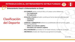 o DE COMBATE (existe contacto físico, el cuerpo como referencia)
o Con implemento
o Sin implemento
o DE BALÓN O PELOTA (el balón constituye el factor relacional del deporte)
o Individuales
o Colectivos
o ATLÉTICOS Y GIMNÁSTICOS (referencia posibilidades del ser humano, gesto
técnico importante)
o Atlético de medición objetiva
o Gimnástico de medición subjetiva
o EN LA NATURALEZA (se realizan en el medio natural y conllevan un riesgo)
o MECÁNICOS (empleo de máquinas que generan la energía)
Clasificación
del Deporte
(Bouquet 1968)
INTRODUCCIÓN AL ENTRENAMIENTO ESTRUCTURADO
Entrenamiento Lineal vs Entrenamiento no Lineal
 
