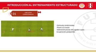 INTRODUCCIÓN AL ENTRENAMIENTO ESTRUCTURADO
CIRCUITOS
CONDICIONALES
01
-Estímulos condicionales
-Previo a la sesión
-Sobreestimulación del jugador o para
recuperación postpartido
 