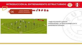 INTRODUCCIÓN AL ENTRENAMIENTO ESTRUCTURADO
JUEGOS GRANDES
CONTEXTUALIZADOS
06
-Juegos de posesión y posición
contextualizados, con direccionalidad y con la
posibilidad de finalización
 