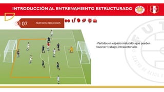 INTRODUCCIÓN AL ENTRENAMIENTO ESTRUCTURADO
PARTIDOS REDUCIDOS
07
-Partidos en espacio reducidos que pueden
favorcer trabajos intrasectoriales
 