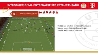 INTRODUCCIÓN AL ENTRENAMIENTO ESTRUCTURADO
PARTIDO CONDICIONADO
09
Partido que simula la competición aunque se
le pude poner algún condicionante para
trabajar algún aspecto concretos
 