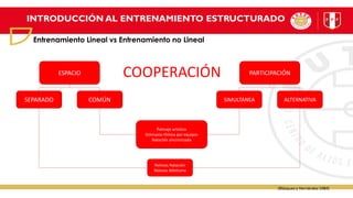 COOPERACIÓN
ESPACIO PARTICIPACIÓN
SEPARADO COMÚN SIMULTÁNEA ALTERNATIVA
Patinaje artístico
Gimnasia rítmica por equipos
Natación sincronizada
Relevos Natación
Relevos Atletismo
(Blázquez y Hernández 1984)
INTRODUCCIÓN AL ENTRENAMIENTO ESTRUCTURADO
Entrenamiento Lineal vs Entrenamiento no Lineal
 