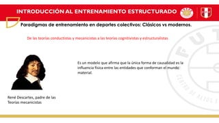 INTRODUCCIÓN AL ENTRENAMIENTO ESTRUCTURADO
Paradigmas de entrenamiento en deportes colectivos: Clásicos vs modernos.
René Descartes, padre de las
Teorías mecanicistas
Es un modelo que afirma que la única forma de causalidad es la
influencia física entre las entidades que conforman el mundo
material.
De las teorías conductistas y mecanicistas a las teorías cognitivistas y estructuralistas
 