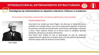 Jean Piaget
INTRODUCCIÓN AL ENTRENAMIENTO ESTRUCTURADO
Paradigmas de entrenamiento en deportes colectivos: Clásicos vs modernos.
Esta teoría fue creada por Jean Piaget, nos dice que el desarrollo no se
establece con cambios físicos, sino con la maduración cognitiva. Se basa en
los procesos mentales de pensamiento, sentimiento, aprendizaje, retención
y otros. Tiene especial interés en la forma como el individuo percibe,
interpreta, almacena y recupera información.
Esta teoría hace énfasis en que el aprendizaje no sólo se construye
progresivamente siguiendo sus propias leyes sino que además atravesando
distintas etapas antes de alcanzar el nivel adulto.
De las teorías conductistas y mecanicistas a las teorías cognitivistas y estructuralistas
TEORÍA COGNITIVISTA
 