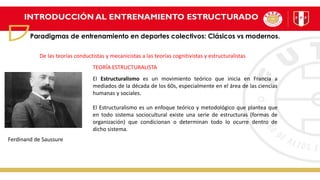Ferdinand de Saussure
INTRODUCCIÓN AL ENTRENAMIENTO ESTRUCTURADO
Paradigmas de entrenamiento en deportes colectivos: Clásicos vs modernos.
El Estructuralismo es un movimiento teórico que inicia en Francia a
mediados de la década de los 60s, especialmente en el área de las ciencias
humanas y sociales.
El Estructuralismo es un enfoque teórico y metodológico que plantea que
en todo sistema sociocultural existe una serie de estructuras (formas de
organización) que condicionan o determinan todo lo ocurre dentro de
dicho sistema.
De las teorías conductistas y mecanicistas a las teorías cognitivistas y estructuralistas
TEORÍA ESTRUCTURALISTA
 