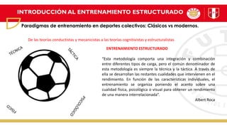 INTRODUCCIÓN AL ENTRENAMIENTO ESTRUCTURADO
Paradigmas de entrenamiento en deportes colectivos: Clásicos vs modernos.
“Esta metodología comporta una integración y combinación
entre diferentes tipos de carga, pero el común denominador de
esta metodología es siempre la técnica y la táctica. A través de
ella se desarrollan las restantes cualidades que intervienen en el
rendimiento. En función de las características individuales, el
entrenamiento se organiza poniendo el acento sobre una
cualidad física, psicológica o visual para obtener un rendimiento
de una manera interrelacionada“.
Albert Roca
ENTRENAMIENTO ESTRUCTURADO
De las teorías conductistas y mecanicistas a las teorías cognitivistas y estructuralistas
 