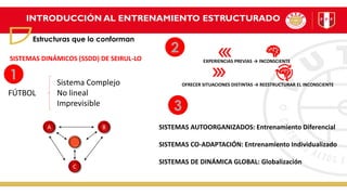 INTRODUCCIÓN AL ENTRENAMIENTO ESTRUCTURADO
Estructuras que lo conforman
FÚTBOL
Sistema Complejo
No lineal
Imprevisible
A
C
B
EXPERIENCIAS PREVIAS → INCONSCIENTE
OFRECER SITUACIONES DISTINTAS → REESTRUCTURAR EL INCONSCIENTE
SISTEMAS DINÁMICOS (SSDD) DE SEIRUL-LO
SISTEMAS AUTOORGANIZADOS: Entrenamiento Diferencial
SISTEMAS CO-ADAPTACIÓN: Entrenamiento Individualizado
SISTEMAS DE DINÁMICA GLOBAL: Globalización
1
2
3
 
