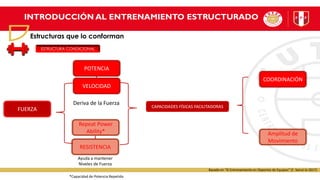 INTRODUCCIÓN AL ENTRENAMIENTO ESTRUCTURADO
Estructuras que lo conforman
ESTRUCTURA CONDICIONAL
FUERZA
POTENCIA
VELOCIDAD
RESISTENCIA
Repeat Power
Ability*
*Capacidad de Potencia Repetida
Deriva de la Fuerza
Ayuda a mantener
Niveles de Fuerza
CAPACIDADES FÍSICAS FACILITADORAS
COORDINACIÓN
Amplitud de
Movimiento
Basado en “El Entrenamiento en Deportes de Equipos” (F. Seirul-lo 2017)
 
