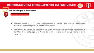 INTRODUCCIÓN AL ENTRENAMIENTO ESTRUCTURADO
Estructuras que lo conforman
ESTRUCTURA CREATIVO-EXPRESIVA
✓ Está relacionada con la capacidad expresiva y las relacionas interpersonales que
aparecen en la competición y el entrenamiento.
✓ Esta estructura construye las formas de comunicación que son útiles, necesarias e
identificadoras del juego y su forma de vivirlo e interpretarlo (el yo hacia nuestro
equipo).
 