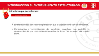 INTRODUCCIÓN AL ENTRENAMIENTO ESTRUCTURADO
Estructuras que lo conforman
ESTRUCTURA MENTAL
✓ Está relacionada con la autoorganización que el jugador tiene con las estructuras.
✓ Combinación y recombinación de facultades cognitivas que posibilita la
autoconciencia y el razonamiento evolutivo de todos “los mundos” de nuestro
existir.
 