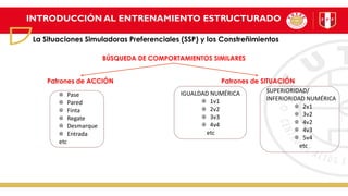 INTRODUCCIÓN AL ENTRENAMIENTO ESTRUCTURADO
La Situaciones Simuladoras Preferenciales (SSP) y los Constreñimientos
Patrones de ACCIÓN Patrones de SITUACIÓN
BÚSQUEDA DE COMPORTAMIENTOS SIMILARES
Pase
Pared
Finta
Regate
Desmarque
Entrada
etc
IGUALDAD NUMÉRICA
1v1
2v2
3v3
4v4
etc
SUPERIORIDAD/
INFERIORIDAD NUMÉRICA
2v1
3v2
4v2
4v3
5v4
etc
 