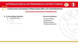 INTRODUCCIÓN AL ENTRENAMIENTO ESTRUCTURADO
La Situaciones Simuladoras Preferenciales (SSP) y los Constreñimientos
SITUACIONES SIMULADORAS PREFERENCIALES
D. EC de Cualidades Específicas
D. 1. Desplazamiento
D. 2. Salto
D. 3. Lucha
D. 4. Acción con el balón
Estructura Condicional
Cambios de Ritmo
Aceleraciones
Desaceleraciones
Cambios de Dirección
 