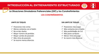 INTRODUCCIÓN AL ENTRENAMIENTO ESTRUCTURADO
La Situaciones Simuladoras Preferenciales (SSP) y los Constreñimientos
LOS CONSTREÑIMIENTOS
LIMITE DE TOQUES
✓ Posesiones más cortas
✓ Menos contactos con el balón
✓ No se dan duelos
✓ Mayor número de perdidas
✓ Mayor cambio de posesión
✓ Más ritmo de posesión
✓ Se recorre menos ditancias
SIN LIMITE DE TOQUES
✓ Posesiones más Largas
✓ Más contactos con el balón
✓ Más posibilidades de 1v1
✓ Más pases correctos
✓ Menor ritmo de juego
✓ Se recorre más distancia
 