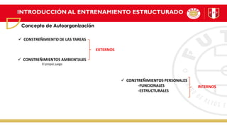 INTRODUCCIÓN AL ENTRENAMIENTO ESTRUCTURADO
Concepto de Autoorganización
✓ CONSTREÑIMIENTO DE LAS TAREAS
✓ CONSTREÑIMIENTOS AMBIENTALES
✓ CONSTREÑIMIENTOS PERSONALES
-FUNCIONALES
-ESTRUCTURALES
EXTERNOS
INTERNOS
El propio juego
 
