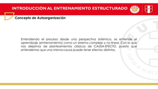 INTRODUCCIÓN AL ENTRENAMIENTO ESTRUCTURADO
Concepto de Autoorganización
Entendiendo el proceso desde una perspectiva sistémica, se entiende el
aprendizaje (entrenamiento) como un sistema complejo y no lineal. Con lo que
nos alejamos de planteamientos clásicos de CAUSA-EFECTO, puesto que
entendemos que una misma causa puede tener efectos distintos.
 