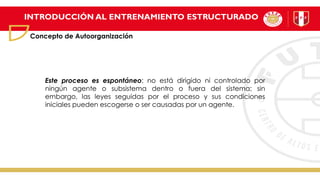 INTRODUCCIÓN AL ENTRENAMIENTO ESTRUCTURADO
Concepto de Autoorganización
Este proceso es espontáneo: no está dirigido ni controlado por
ningún agente o subsistema dentro o fuera del sistema; sin
embargo, las leyes seguidas por el proceso y sus condiciones
iniciales pueden escogerse o ser causadas por un agente.
 