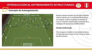 INTRODUCCIÓN AL ENTRENAMIENTO ESTRUCTURADO
Concepto de Autoorganización
Nuestro equipo siempre que recupera el balón
intenta avanzar por la misma banda en la que
la recuperó, muchas ocasiones el espacio se
crea en la banda contraria por la basculación y
repliegue del equipo que perdió el balón.
Partido Condicionado:
Tras recuperar el balón en una banda tenemos
10 segundos para marcar en los miniarcos de la
banda contraria
 