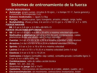 Sistemas de entrenamiento de la fuerzaSistemas de entrenamiento de la fuerza
FUERZA RESISTENCIAFUERZA RESISTENCIA
AutocargaAutocarga, propio cuerpo, circuitos 8, propio cuerpo, circuitos 8--1010 ejercejerc., r o tiempo 15., r o tiempo 15””--11’’, fuerza general y, fuerza general y
ff--resistencia. Pretemporada 3 s/sresistencia. Pretemporada 3 s/s
Balones medicinalesBalones medicinales ++-- igual 2 a 5kgigual 2 a 5kg
ParejasParejas, +, +-- estaturaestatura--peso,peso, ejercejerc transporte, arrastre, empuje, carga, lucha.transporte, arrastre, empuje, carga, lucha.
BodybulidingBodybuliding ––PesasPesas yy maqmaq-- 22--6 ser/6 ser/circir x 12x 12--1515 ejerejer x +12 RMx +12 RM--1515”” a 1a 1’’ xx --50%50%
FUERZA MAXIMAFUERZA MAXIMA
BBBB 33--5 ser x 55 ser x 5--88 ejerejer x 3x 3--5 RM x 805 RM x 80--90% CI90% CI
FUERZA VELOCIDADFUERZA VELOCIDAD--EXPLOSIVAEXPLOSIVA
BBBB 33--5 ser x 55 ser x 5--88 ejerejer x 6x 6--8 RM x 208 RM x 20--60% a m60% a mááxima velocidad ejecucixima velocidad ejecucióónn
MultisaltosMultisaltos yy pliometriapliometria: circuitos saltos: circuitos saltos hzhz--vertvert, combinaciones, ca, combinaciones, caíídasdas
pliometricas desde una altura+saltopliometricas desde una altura+salto ““reflejoreflejo miotmiotááticotico””
CuestasCuestas: 3: 3--4 ser x 54 ser x 5--10 r x 10 a 25 m x m10 r x 10 a 25 m x mááxima velocidad +10% desnivelxima velocidad +10% desnivel
ArrastresArrastres 33--4 ser x 54 ser x 5--10 r x 10 a 25 m x m10 r x 10 a 25 m x mááxima velocidad (10xima velocidad (10--20kg)20kg)
SprintsSprints: 3: 3--5 ser x 25 ser x 2--6 r x 10 a 50 m x m6 r x 10 a 50 m x mááxima velocidadxima velocidad
LastresLastres 33--4 ser x 54 ser x 5--10 r x 1510 r x 15--25 m a m25 m a mááxima velocidad (entre 1xima velocidad (entre 1--66 kgkg))
ElasticosElasticos 33--4 ser x 54 ser x 5--10 r x 1510 r x 15--25 m25 m
ContrastesContrastes o bo búúlgaro (sentadilla+lgaro (sentadilla+skpskp+salida), sentadilla pesada+sentadilla ligera 3+salida), sentadilla pesada+sentadilla ligera 3--
5 ser x 3+6 r x 80%5 ser x 3+6 r x 80%--50%, etc.50%, etc.
CombinacionesCombinaciones: salto de vallas+acci: salto de vallas+accióón tn téécnicacnica
BalBalóónn: 1x1, 2x1, 2x2, etc.: 1x1, 2x1, 2x2, etc.
Situaciones deSituaciones de juegojuego 3x3 a 11x113x3 a 11x11
IsometrIsometríía :a : Contracciones sin movimiento de 6Contracciones sin movimiento de 6””((oblicoblic,, abdomabdom,, cuadriccuadric, etc.), etc.)
ElectroestimulaciElectroestimulacióón:n: sin movimiento, contracciones involuntarias, lesisin movimiento, contracciones involuntarias, lesióónn
 