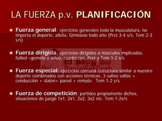 LA FUERZALA FUERZA p.vp.v.. PLANIFICACIPLANIFICACIÓÓNN
Fuerza generalFuerza general:: ejercicios generales toda la musculatura, noejercicios generales toda la musculatura, no
importa el deporte, atleta. Gimnasio todo aimporta el deporte, atleta. Gimnasio todo añño (Pret 3o (Pret 3--4 s/s,4 s/s, TemTem 22--33
s/s)s/s)
Fuerza dirigidaFuerza dirigida:: ejercicios dirigidos a mejercicios dirigidos a múúsculos implicados,sculos implicados,
ffúútboltbol ––gemelogemelo y sy sóóleo, cuadriceps. Pret yleo, cuadriceps. Pret y TemTem 11--2 s/s2 s/s
Fuerza especialFuerza especial:: ejercicios con una estructura similar a nuestroejercicios con una estructura similar a nuestro
deporte combinados con acciones tdeporte combinados con acciones téécnicas, 3 saltos vallas +cnicas, 3 saltos vallas +
conducciconduccióón +n + slalonslalon+ pared + remate.+ pared + remate. TemTem 11--2 s/s2 s/s
Fuerza de competiciFuerza de competicióónn: partidos propiamente dichos,: partidos propiamente dichos,
situaciones de juego 1x1, 2x1, 2x2, 3x2 etc.situaciones de juego 1x1, 2x1, 2x2, 3x2 etc. TemTem 11--2s/s2s/s
 