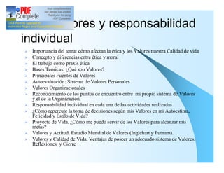 Ética, valores y responsabilidad
individual
Ø   Importancia del tema: cómo afectan la ética y los Valores nuestra Calidad de vida
Ø   Concepto y diferencias entre ética y moral
Ø   El trabajo como praxis ética
Ø   Bases Teóricas: ¿Qué son Valores?
Ø   Principales Fuentes de Valores
Ø   Autoevaluación: Sistema de Valores Personales
Ø   Valores Organizacionales
Ø   Reconocimiento de los puntos de encuentro entre mi propio sistema de Valores
    y el de la Organización
Ø   Responsabilidad individual en cada una de las actividades realizadas
Ø   ¿Cómo repercute la toma de decisiones según mis Valores en mi Autoestima,
    Felicidad y Estilo de Vida?
Ø   Proyecto de Vida. ¿Cómo me puedo servir de los Valores para alcanzar mis
    metas?
Ø   Valores y Actitud. Estudio Mundial de Valores (Inglehart y Putnam).
Ø   Valores y Calidad de Vida. Ventajas de poseer un adecuado sistema de Valores.
    Reflexiones y Cierre
 