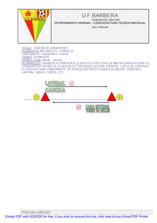 U.F.BARBERA
                                                         TEMPORADA 2006-2007
                                   ENTRENAMIENTO SEMANAL – EJERCICIOS PARA TECNICA INDIVIDUAL
                                                              SALU BOLDO




           TITULO: CADENA DE VARIACIONES
           ELEMENTOS: BALONES (1) – CONOS (2)
           CANTIDAD DE JUGADORES. 2 (DOS)
           TIEMPO: 20 MINUTOS
           COMPLEJIDAD: BAJA - MEDIA
           DESARROLLO: JUGADOR A COMIENZA EL EJERCICIO CON TOQUE DE BALON (CARA INTERNA ) EL
           JUGADOR QUE RECIBE SE LO DEVUELVE CON SAQUE LATERAL FRONTAL. LUEGO SE CONTINUA
           EL CIRCUITO SIMULTÁNEAMENTE. SE AGREGA DISTINTOS TOQUES DE BALON , CABEZAZO ,
           LATERAL LARGO , CORTO , ETC.




          POR SALU BOLDO
Create PDF with GO2PDF for free, if you wish to remove this line, click here to buy Virtual PDF Printer
 