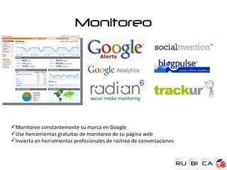 Monitoreo




Monitoree constantemente su marca en Google
Use herramientas gratuitas de monitoreo de su página web
Invierta en herramientas profesionales de rastreo de conversaciones
 