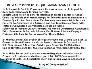 REGLAS Y PRINCIPIOS QUE GARANTIZAN EL EXITO
1- Es Imposible Decir lo Correcto a la Persona Incorrecta . Es Imposible
Decir Lo Incorrecto a la Persona Correcta.
Nuestra Unica Misión es poner la Información Frente a Tantas Personas
Como Sea Posible en el Menor Tiempo Posible enfocados en encontrar a la
Persona Que Está en Busca de un Cambio. Asi y solamente Asi, la Persona
Correcta No Solamente va a Aparecer sino que Tambien va a Tener Exito.
Tratar de Convencer a un Prospecto es Igual al Fracaso.
Solamente el Trabajar Grandes Números de Manera Consistente Conducen al
Exito. Estamos en la Era de la Información, El Mover Información paga
Fortunas. Si lo hace las Cartas van a Caer Donde Deben.

2- Mientras Menos Desarrollen el Negocio Mucho mas Grande Van a Ser las
Ganancias. No se Frustre cuando las Personas No vean la Oportunidad.
Solo Necesitamos 5 Directores Sólidos para Promediar $5,000 al Mes.
Con 10 Directores Sólidos Nuestras Ganancias Promedian $10,000 al Mes.
3- La Unica Forma de Fracasar en Nuestro Negocio es Abandonando el
Proceso, solo quienes se Mantienen por 1 Año 100% Comprometidos
alcanzan el Exito. Las Estadísticas Dicen que la Gran Mayoría Abandona el
Proceso.
Estoy YO Comprometido ?

 
