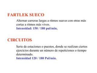 FARTLEK SUECO
Alternar carreras largas a ritmos suaves con otras más
cortas a ritmos más vivos.
Intensidad: 150 / 180 pul/min.

CIRCUITOS
Serie de estaciones o puestos, donde se realizan ciertos
ejercicios durante un número de repeticiones o tiempo
determinado.
Intensidad 120 / 180 Pul/min.

 