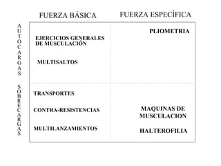 FUERZA BÁSICA
A
U
T
O
C
A
R
G
A
S
S
O
B
R
E
C
A
R
G
A
S

FUERZA ESPECÍFICA
PLIOMETRIA

EJERCICIOS GENERALES
DE MUSCULACIÓN
MULTISALTOS

TRANSPORTES
CONTRA-RESISTENCIAS

MAQUINAS DE
MUSCULACION

MULTILANZAMIENTOS

HALTEROFILIA

 