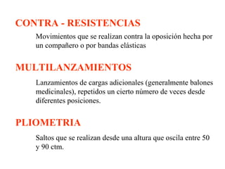 CONTRA - RESISTENCIAS
Movimientos que se realizan contra la oposición hecha por
un compañero o por bandas elásticas

MULTILANZAMIENTOS
Lanzamientos de cargas adicionales (generalmente balones
medicinales), repetidos un cierto número de veces desde
diferentes posiciones.

PLIOMETRIA
Saltos que se realizan desde una altura que oscila entre 50
y 90 ctm.

 
