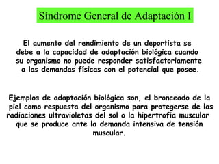 Síndrome General de Adaptación I
El aumento del rendimiento de un deportista se
debe a la capacidad de adaptación biológica cuando
su organismo no puede responder satisfactoriamente
a las demandas físicas con el potencial que posee.

Ejemplos de adaptación biológica son, el bronceado de la
piel como respuesta del organismo para protegerse de las
radiaciones ultravioletas del sol o la hipertrofia muscular
que se produce ante la demanda intensiva de tensión
muscular.

 