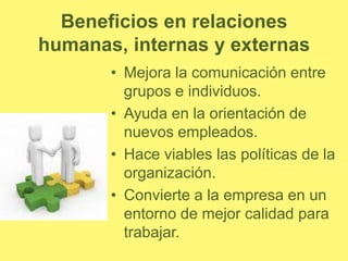 Beneficios en relaciones
humanas, internas y externas
       • Mejora la comunicación entre
         grupos e individuos.
       • Ayuda en la orientación de
         nuevos empleados.
       • Hace viables las políticas de la
         organización.
       • Convierte a la empresa en un
         entorno de mejor calidad para
         trabajar.
 