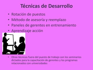 Técnicas de Desarrollo
•   Rotación de puestos
•   Método de asesoría y reemplazo
•   Paneles de gerentes en entrenamiento
•   Aprendizaje acción




• Otras técnicas fuera del puesto de trabajo son los seminarios
  dictados para la capacitación de gerentes y los programas
  relacionados con universidades
 
