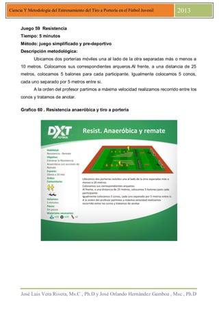 José Luis Vera Rivera, Ms.C , Ph.D y José Orlando Hernández Gamboa , Msc , Ph.D
Ciencia Y Metodología del Entrenamiento del Tiro a Portería en el Fútbol Juvenil 2013
Juego 59 Resistencia
Tiempo: 5 minutos
Método: juego simplificado y pre-deportivo
Descripción metodológica:
Ubicamos dos porterías móviles una al lado de la otra separadas más o menos a
10 metros. Colocamos sus correspondientes arqueros.Al frente, a una distancia de 25
metros, colocamos 5 balones para cada participante. Igualmente colocamos 5 conos,
cada uno separado por 5 metros entre si.
A la orden del profesor partimos a máxima velocidad realizamos recorrido entre los
conos y tratamos de anotar.
Grafico 60 . Resistencia anaeróbica y tiro a portería
 